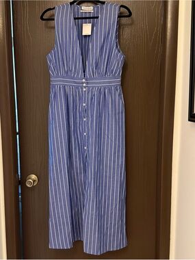 Urban Outfitters Blue and White Vertical-Stripe Sleeveless Midi Dress